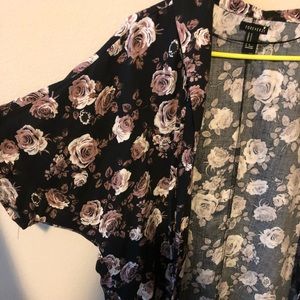 Rose print collared kimono